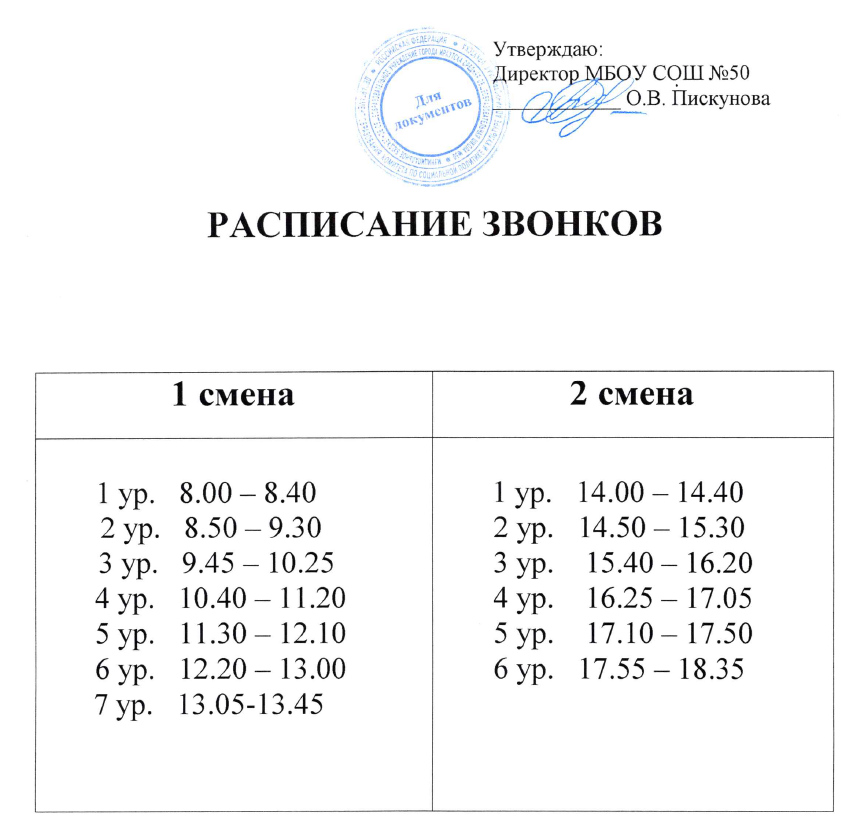 Расписание звонков.